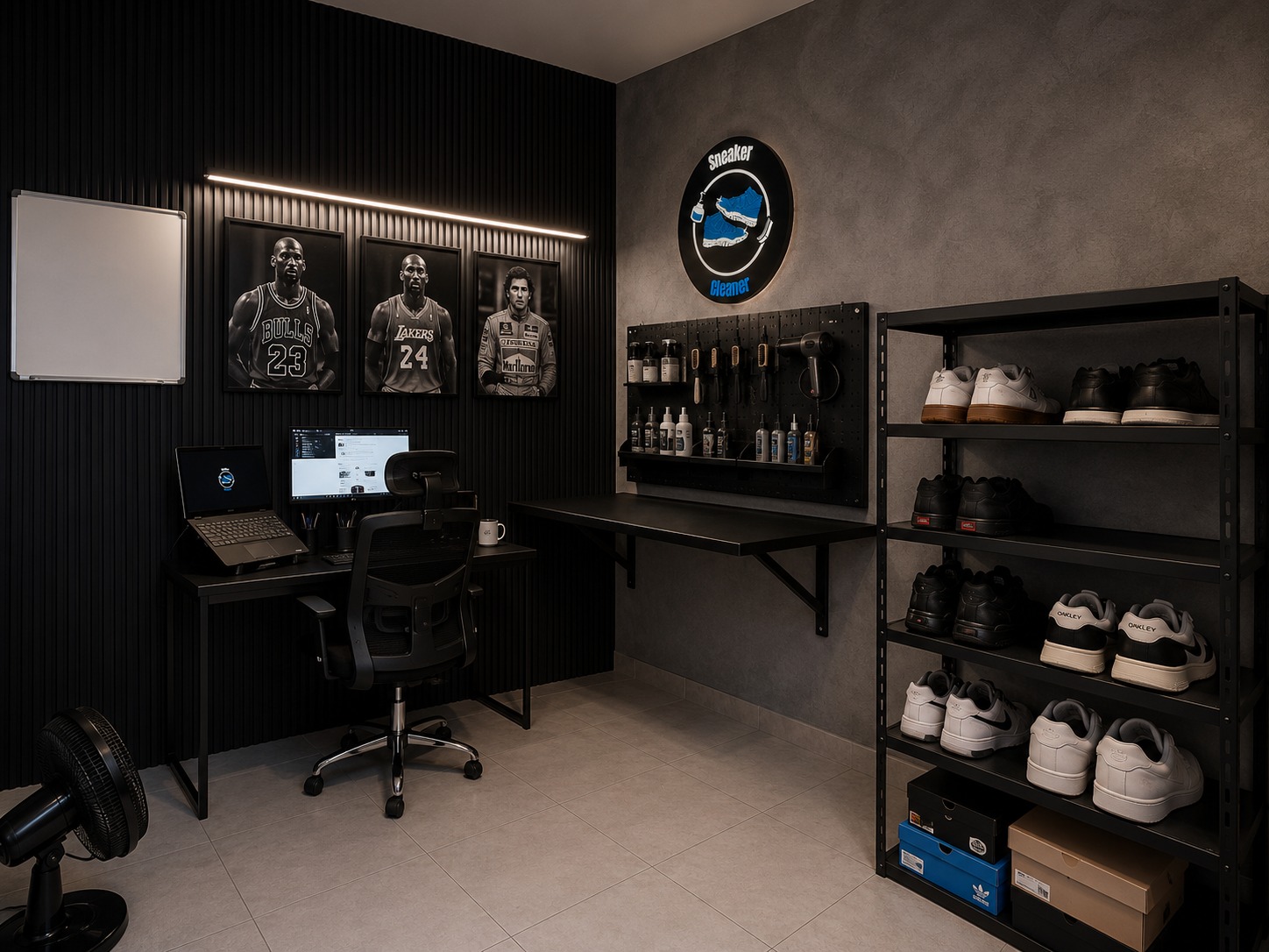 Escritório e ateliê da Sneaker Cleaner com prateleira de tênis e bancada de trabalho